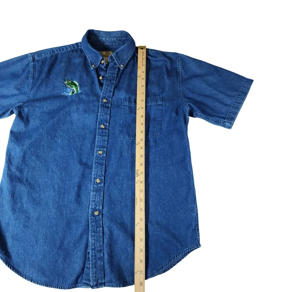 Sun River‎ Mens Blue Denim Bass Fish Embroidered Short Sleeve Shirt Medium